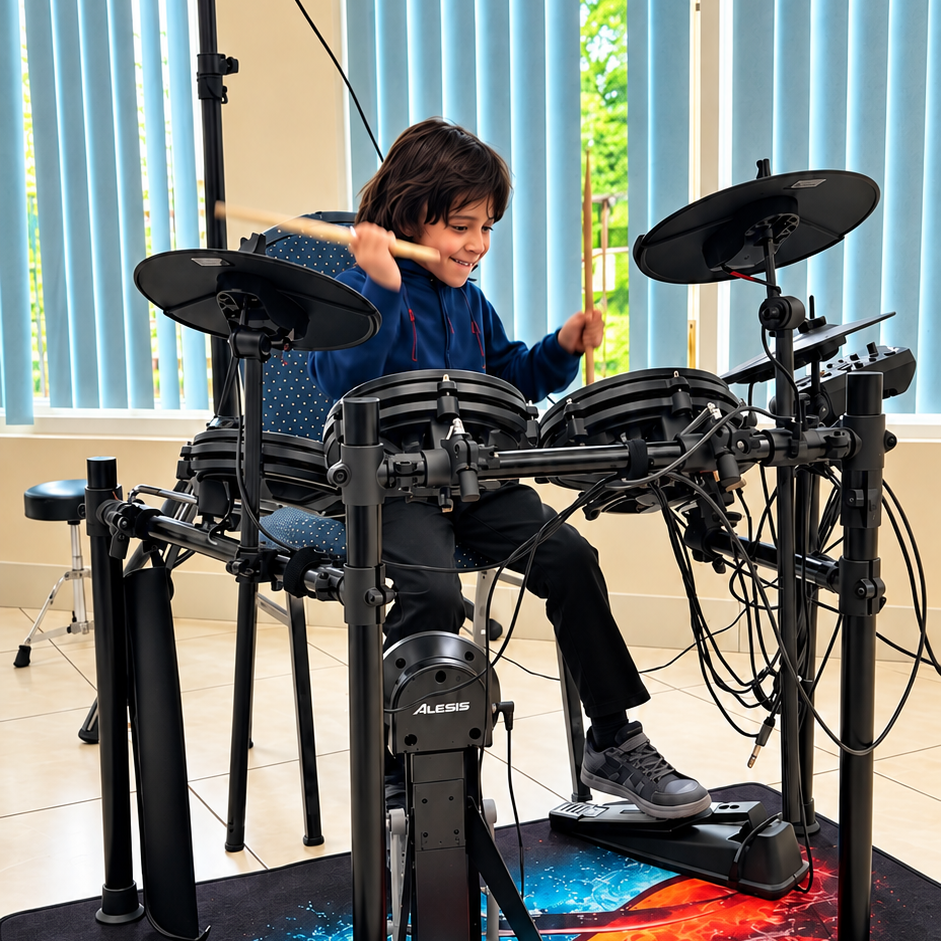 Student enjoying playing the drums during a concert