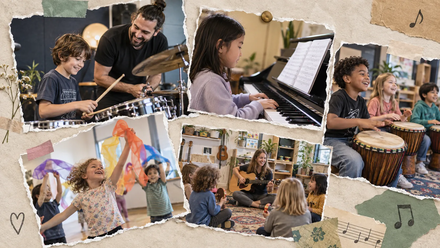 Music classes collage showing drum lessons, piano instruction, percussion activities, movement with scarves, and classroom music instruments.