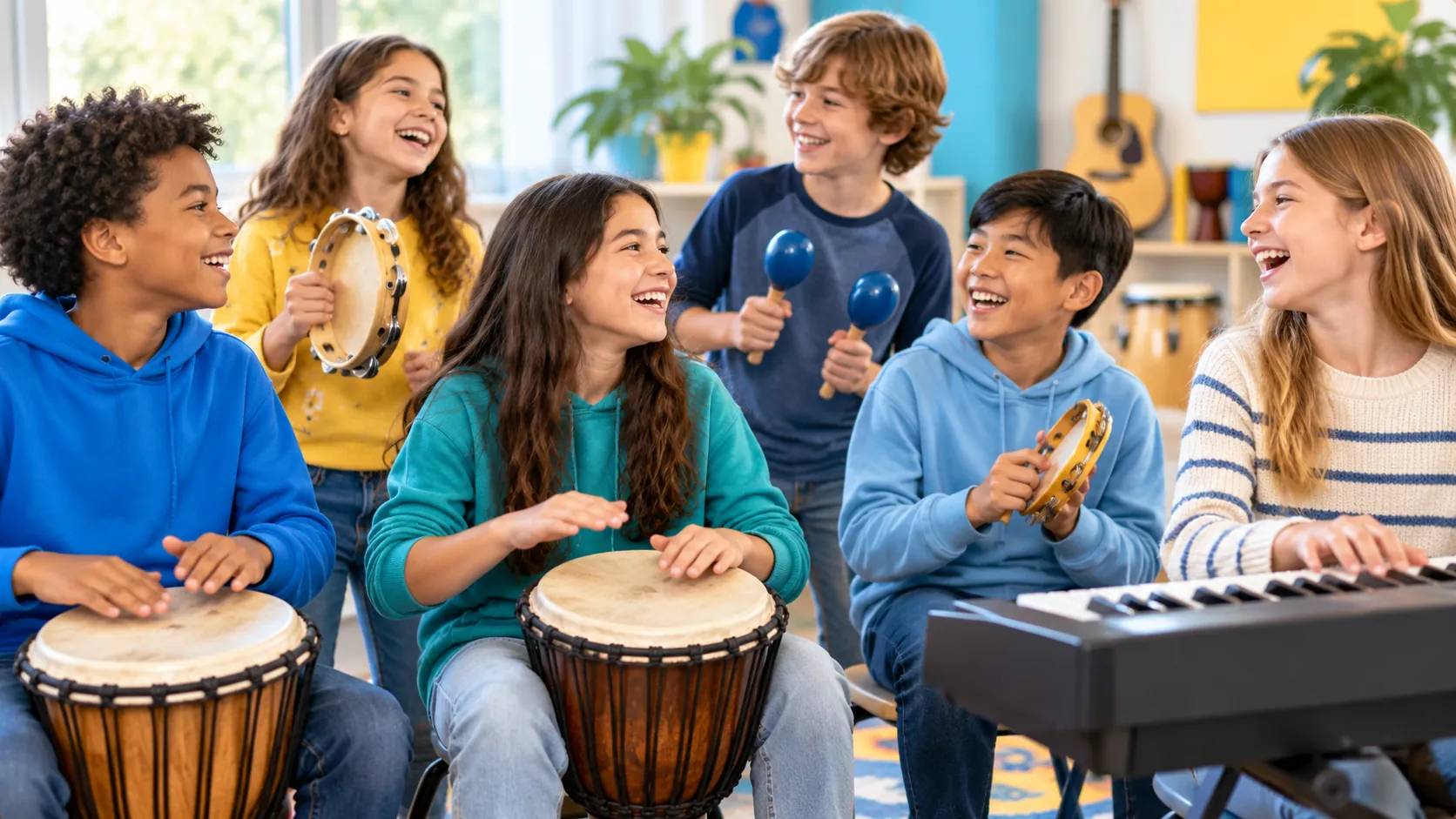 Children enjoying a joyful music enrichment activity with drums, percussion, and keyboard.