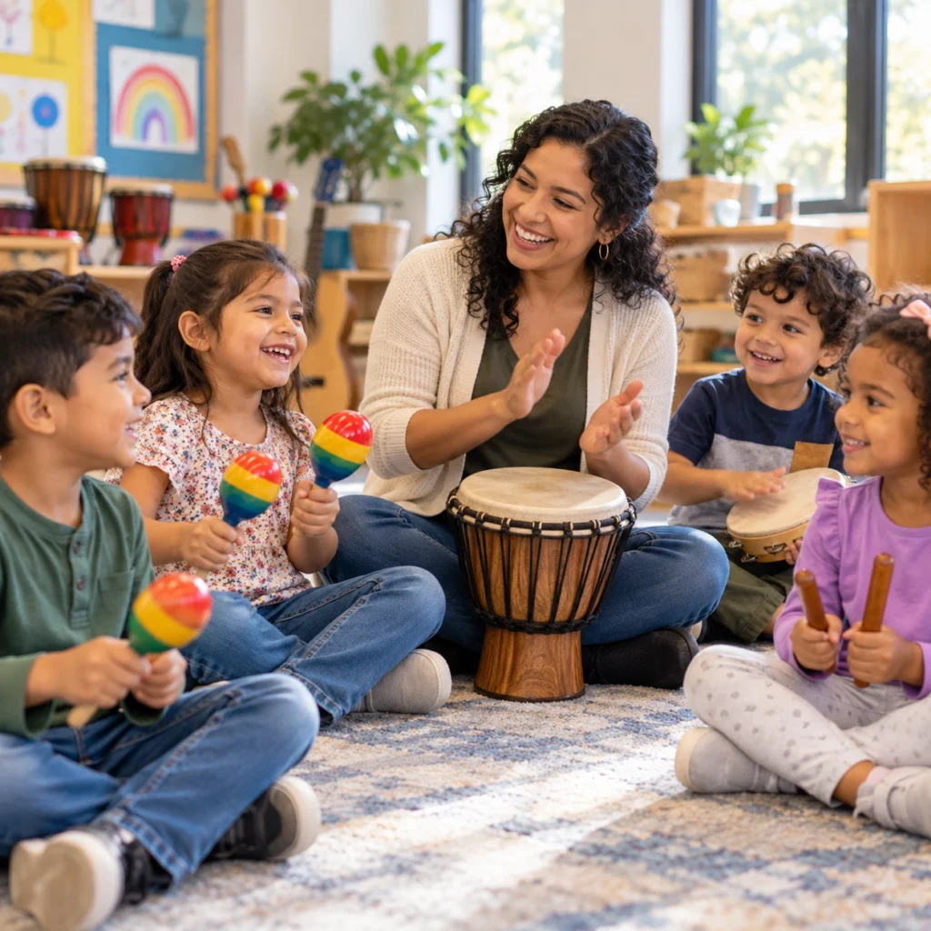 Music Instructor and children playing instruments.